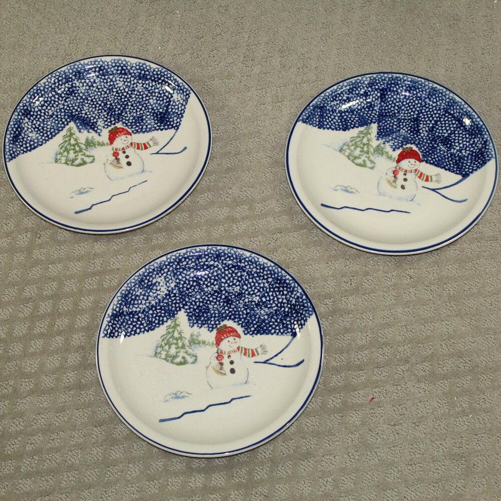 Vintage Set Of 3 Thomson Pottery Snowman 10.25” Dinner Plates Retired